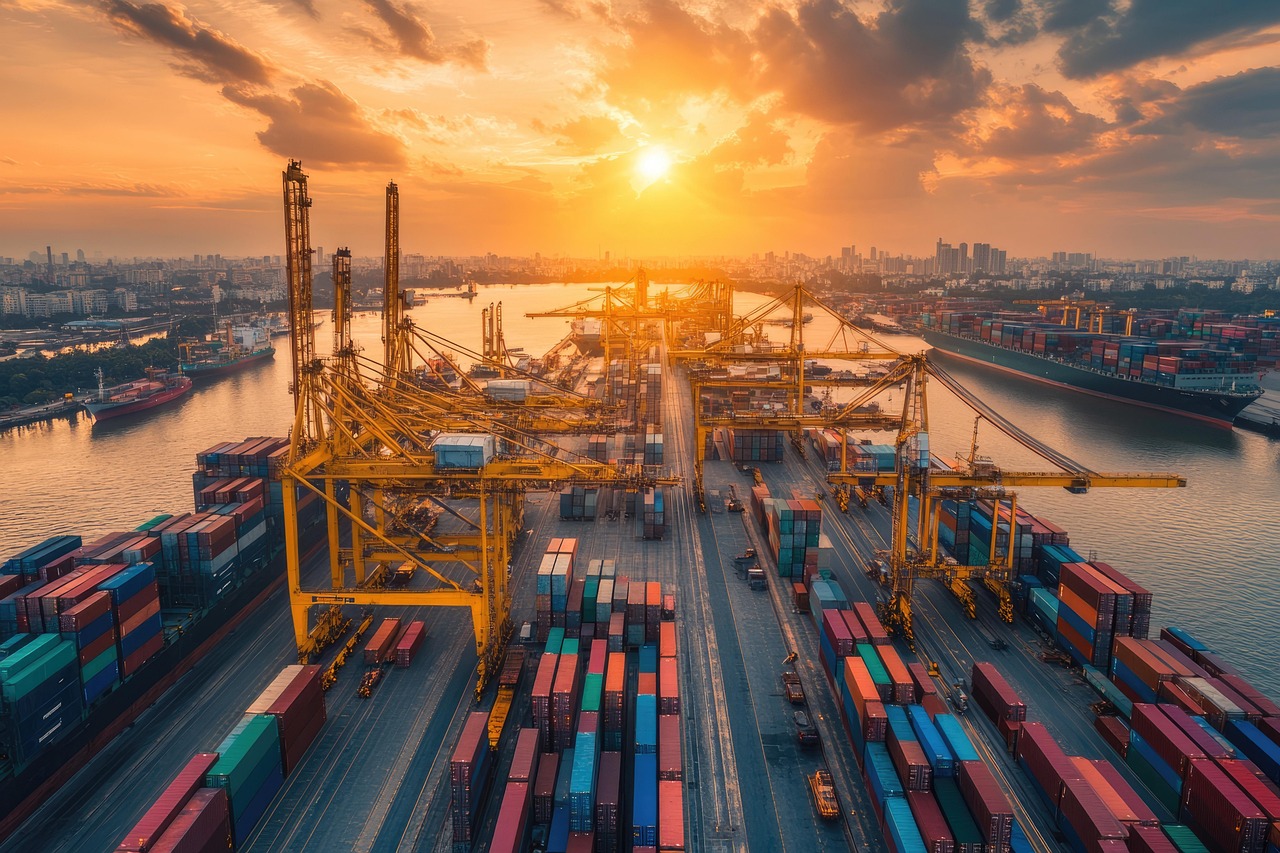 Aerial view of container port at sunset